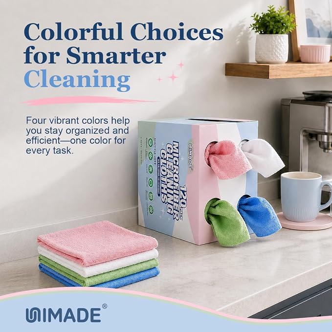 Microfiber Cleaning Cloth, 120 Pack Reusable Paper Towels Microfiber Towels for Cars Lint Free Shop Rags with for Home Kitchen Automotive, 11"x 9", White & Green & Blue & Pink
