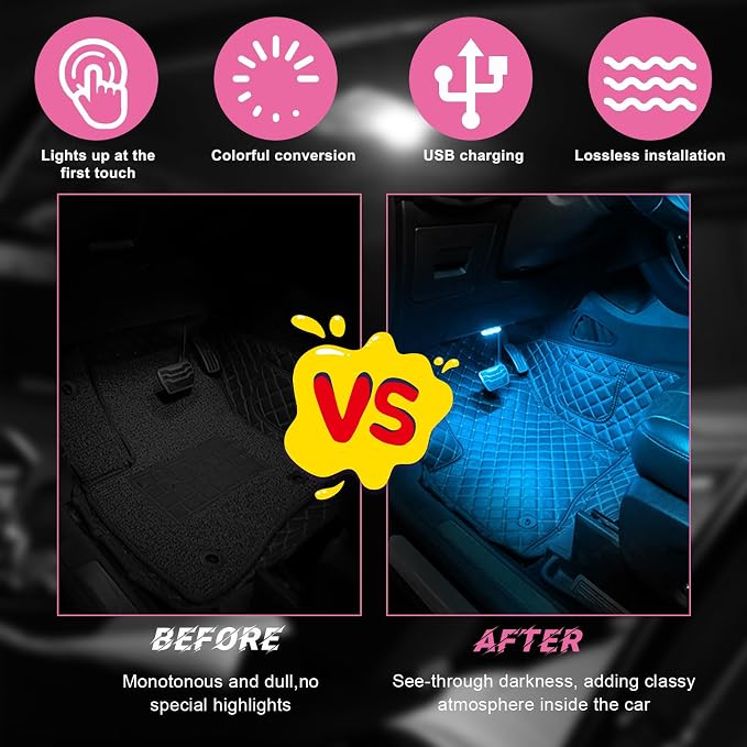 2 PCS Wireless Led Lights for Car Interior, 7 Colors Magnetic Auto Ambient Light with 6 Bright LED Lamp Beads, USB Rechargeable Vehicle Led Night Light, Car Accessories (Ice Blue)
