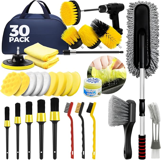 30Pcs Car Detailing Kit for Interior, Exterior and Wheel Cleaning | Brushes, towels, wash mitt, cleaning gel, detail brushes and extendable-handle duster for vehicle, home and office care tasks