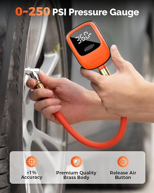 T600 Digital Tire Pressure Gauge 0-250 PSI, ANSI B40.7 2A Grade High Precision(Plus-Minus 0.5%),Tire Gauge for Tire Pressure with Rubber Hose, Replaceable AA Batteries