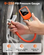 T600 Digital Tire Pressure Gauge 0-250 PSI, ANSI B40.7 2A Grade High Precision(Plus-Minus 0.5%),Tire Gauge for Tire Pressure with Rubber Hose, Replaceable AA Batteries