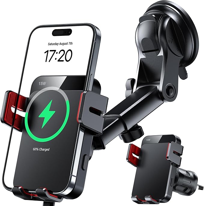 Wireless Car Charger, 15W Auto Clamping Car Charger Dash Windshield Air Vent Phone Holder Compatible with iPhone 16 15 14/13/13 Pro/12 pro/12/11/X/8, Samsung S24/S23/S22, red