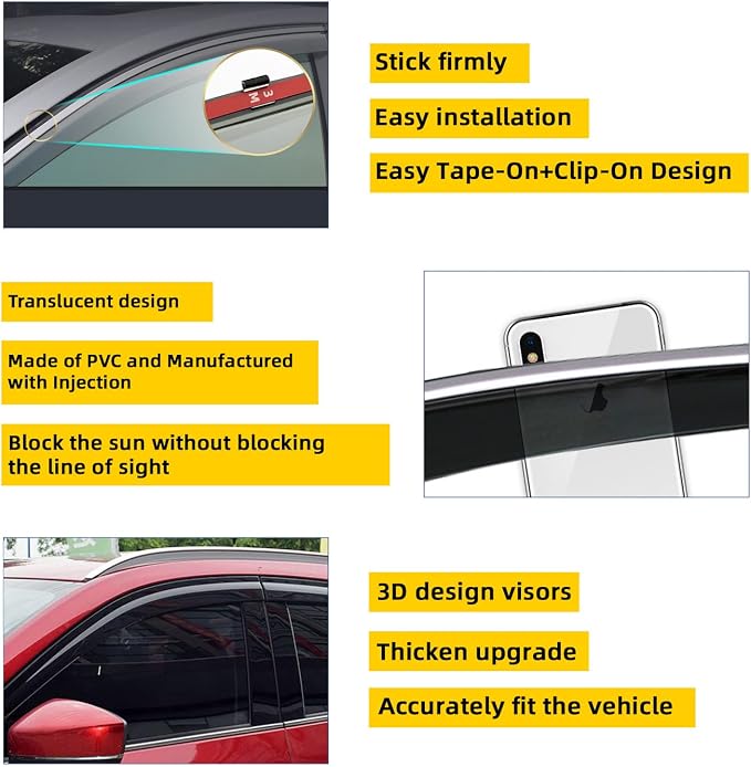 4pcs Window Rain Guard Compatible with 2010-2015 Toyota Prius/Prius Plug-in Smoke Tint Outside Mount Tape On/Clip On Style PVC Sun Rain Guard Vent Window Visors 2011 2012 2013 2014
