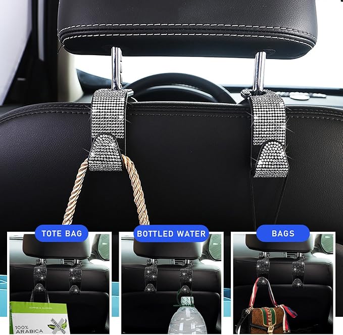 4 PCS Bling Car Seat Headrest Hooks, Crystal Rhinestone Back Seat Hanging Storage Organizer, Vehicle Seat Hanger Holder for Purse Handbag Coat, Interior Car Accessories (Black)
