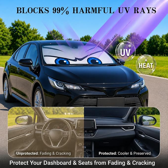 Car Windshield Sun Shade, Universal Fit Compact Sedan SUV, Cool Gray | 59 x 27.5" Car Sun Visor, Foldable Front Window Sunshade, UV Heat Protection, Cute Eyes Series