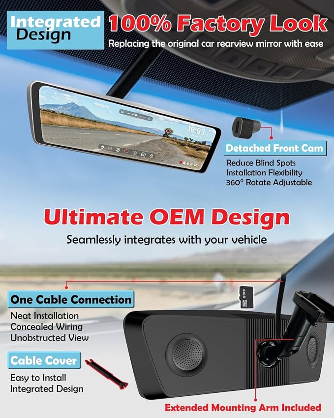 Real OEM Rear View Mirror Camera with Detached Front Lens, Mirror Dash Cam 10" Full Touch Screen for Car, 2K Zoom, IMX 307 HDR, STARVIS Night Vision, Built-in GPS, ASX II V2.0