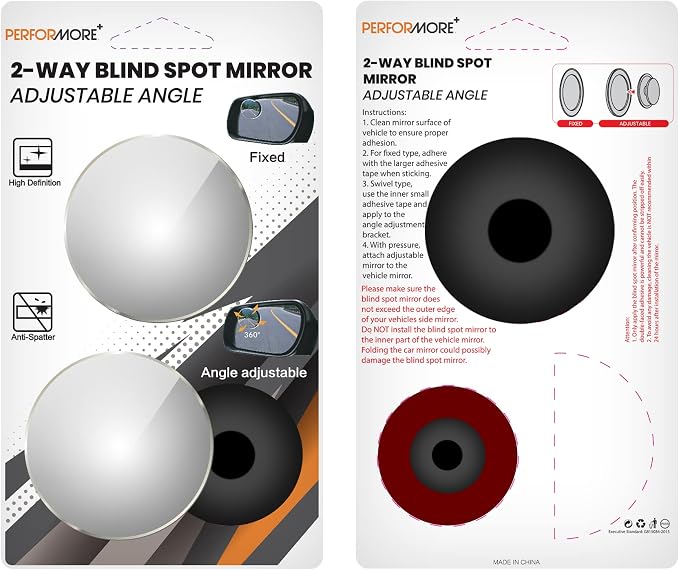 Performore 2 Pack of Blind Spot Car Mirrors, 2 Inch Round Adjustable HD Glass Convex Rear View Wide Angle Side Mirror Blindspot with Self Adhesive Back for Universal Vehicles