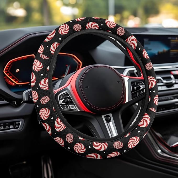 Christmas Car Steering Wheel Cover Sweat Absorption Safe Driving | Candy Print, Sweat Absorbing Non-slip Steering Wheel Protection, Elastic Flexible Universal 14 to 15 inch