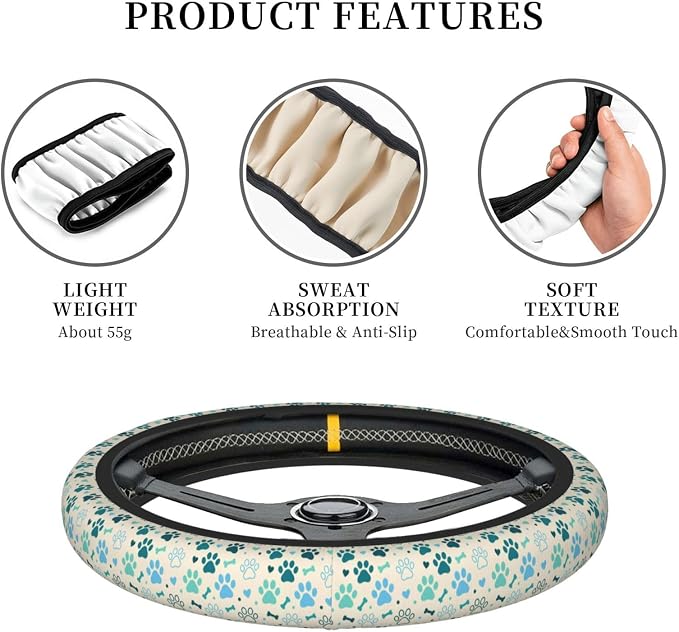 Teal Paw Print Steering Wheel Cover, 15 Inch Universal Fit Neoprene Steering Wheel Protector, Anti-Slip & Breathable Car Interior Accessory, Durable Auto Wrap for Women and Men, Fits Most Vehicles