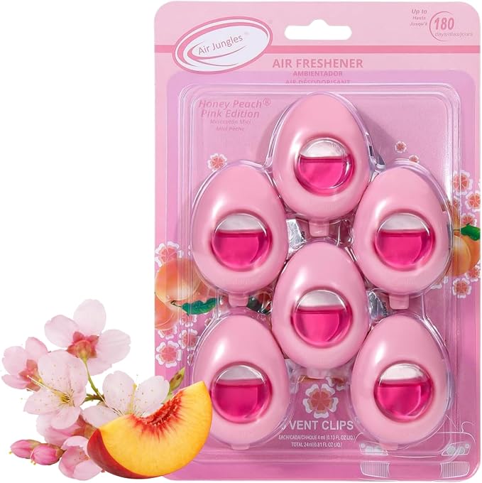 Car Air Freshener Vent Clip 6 Ct, Honey Peach Scent | Pink Edition, Long-Lasting Sweet Fruit Fragrance & Odor Eliminator for Car Interiors, 4 mL Each, Lasts Up to 180 Days