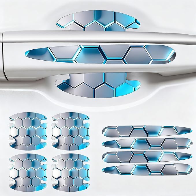 8PCS Car Door Handle Scratch Protectors,3D Patterned-Marking，Anti Scratch, Automotive Door Handle Paint Protective Film Cover Accessories, Universal for Most Cars (Light Blue)