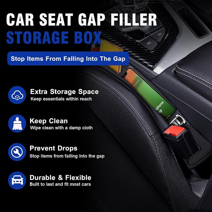 2PCS Car Seat Gap Filler, Automotive Seat Organizer Fill The Gap Between Seat and Console, Universal Car Storage Box Inserts Fill The Gap Between Seat &Console for Coins Wallets Keys (Black)