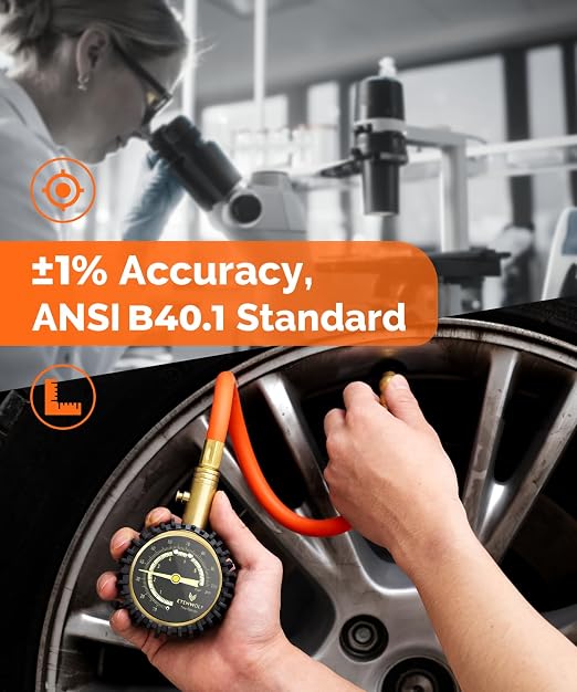 Tire Pressure Gauge 0-100 PSI, ANSI B40.1 Grade A Certified | Accurate Tire Gauges for Tire Pressure with Large Glow Dial, Air Pressure Gauge for Tires, Car Accessories