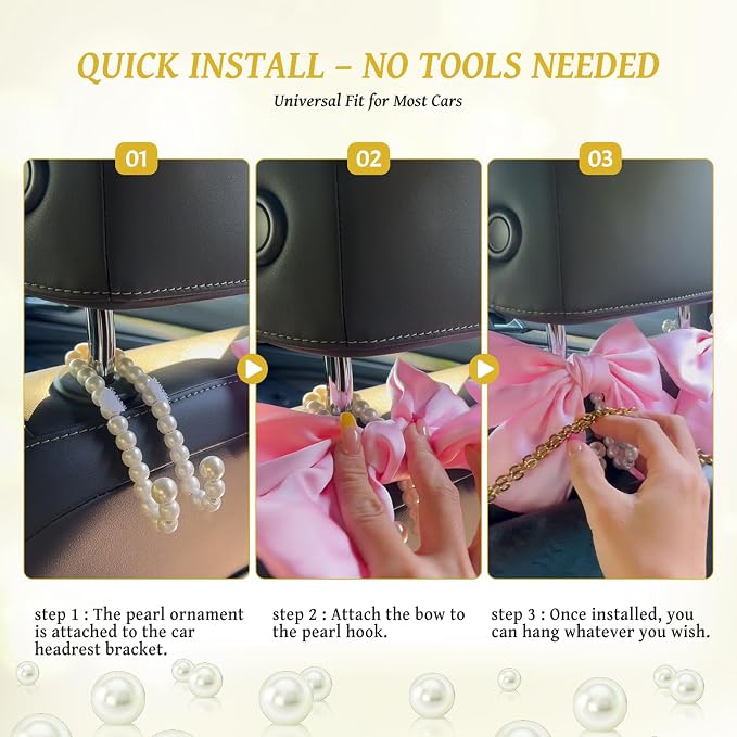 2 PCS Bow Pearl Car Seat Headrest Hook – Cute Purse Hook for Car, Girly Interior Decoration Accessories Hook Hanger, Seatback Holder for Purses & Bags, Elegant Car Organizer (Sunshine Yellow)