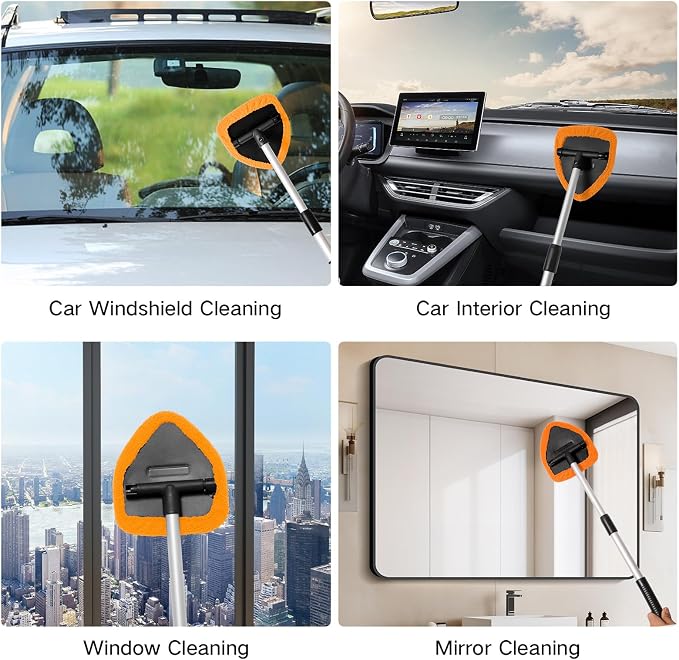 10pcs Windshield Cleaner Tool, Car Window Cleaning Wash Kit with 4 Reusable Microfiber Pads 1 Spray Bottle and Extendable Handle Auto Glass Wiper Kit, Orange
