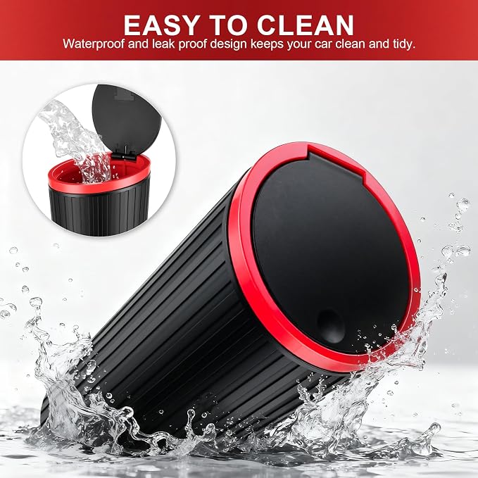 2PCS Car Trash Can with Lid, Leakproof Mini Garbage Bin for Car Cup Holder, Small Trash Can for Vehicle, Home & Office - Includes 60 Bags, Easy Clean (Black-Red)