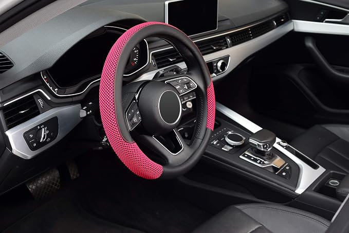 15 inch Steering Wheel Cover, Cooling Ice Silk Mesh with Microfiber Leather, Heat Resistant, Breathable, Anti-Slip, Summer Cool, Universal Fit, Black & Red