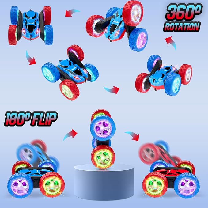 Remote Control RC Car for Kids 6-12, High-Speed 4WD Stunt Car with LED Lights & 360° Rotation, 2.4GHz Off-Road Vehicle Toy with Rechargeable Battery, Cool Valentines and Birthday Gift for Boys