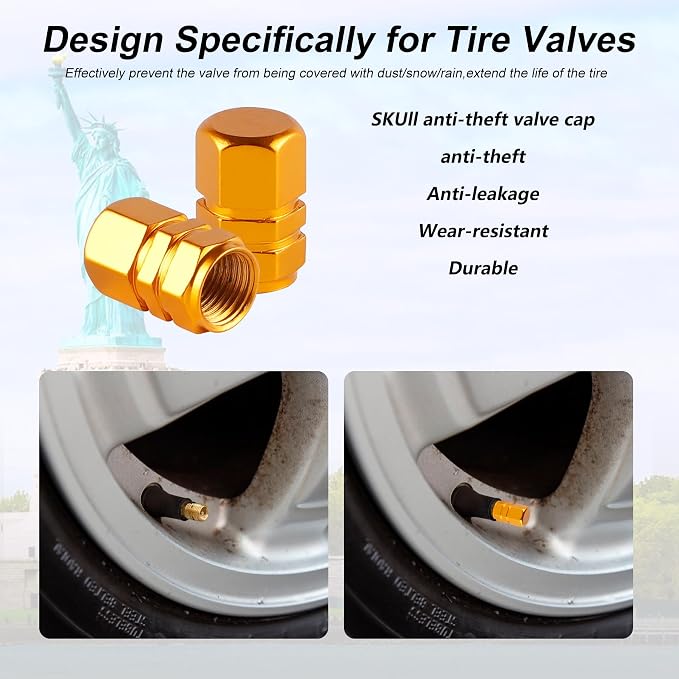 Aluminum Tire Stem Valve Caps Wheel Valve Covers Car Dustproof Tire Cap Cover Accessories, Universal for SUV, Car, Bike and Motorcycle, Hexagon Shape (4PCS Gold)