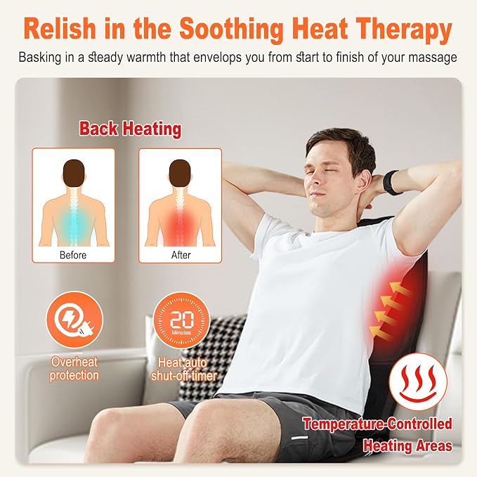 Massage Seat Cushion with Heat, Vibration Back Massager for Chair, Chair Massager Pad with Multi-Zone Vibration, 4 Modes & 3 Intensities for Office Chair, Sofa and Recliner
