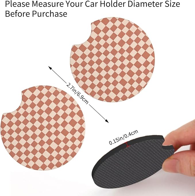 Khaki Checkered Steering Wheel Cover - Racing Flag Steering Wheel Protector Neoprene 15Inch Car Accessories 2 Pcs Car Coasters for Women Men