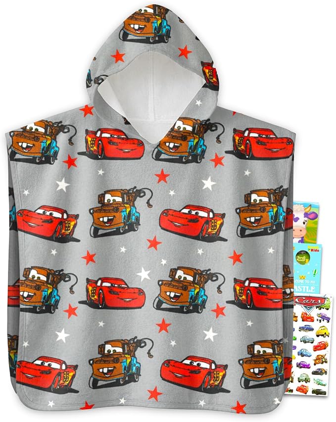 Cars Hooded Towel Set for Kids, Girls, Boys - Lightning McQueen Bath Towel Poncho Bundle with Stickers, More | Cars Bathroom Set