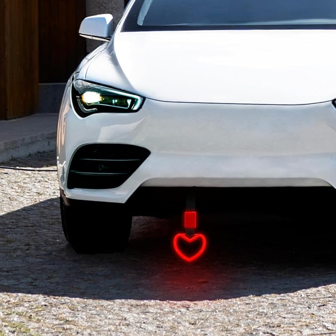 2 Pcs Heart Shaped Car Handle Strap – Drift Charm Rear Bumper Warning Ring Decor for Car Interior Exterior, Subway Bus Handle Accessory, Cute Heart Car Decor Gift for Women & Men (Luminous Red)