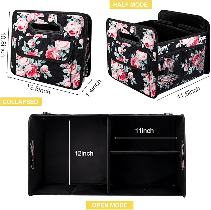 Car Trunk Organizers and Storage for SUV, Collapsible Multi Compartment Container Box Adjustable Car Accessories for Women Men, Black Floral
