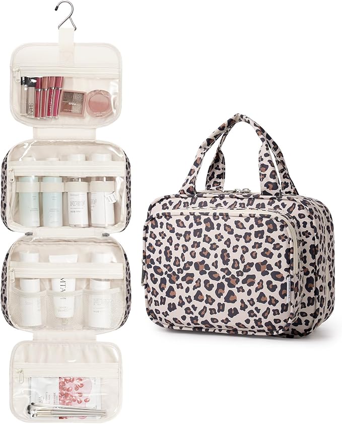 Hanging Toiletry Bag for Women, Travel Makeup Bag Organizer, Dry Wet Separation, Portable Bathroom Travel Bag for Toiletries, Cosmetics, Essentials, Brushes (Leopard)