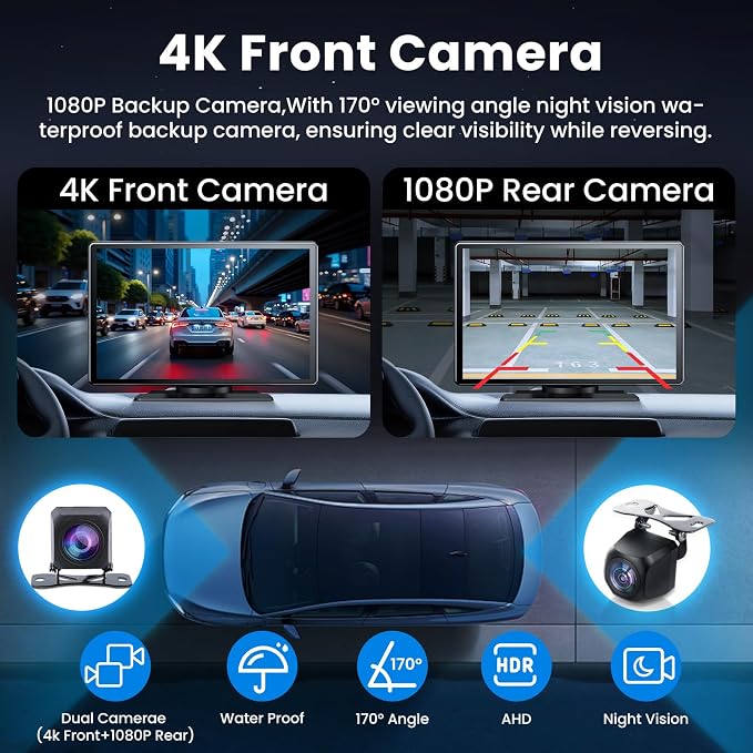 Wireless Apple CarPlay Screen for Car, 9" Portable Carplay & Android Auto Touchscreen Stereo with 4K Dash Cam 64GB SD, Car Radio with App Control, Bluetooth 1080P Backup Camera, GPS, Voice Control, FM