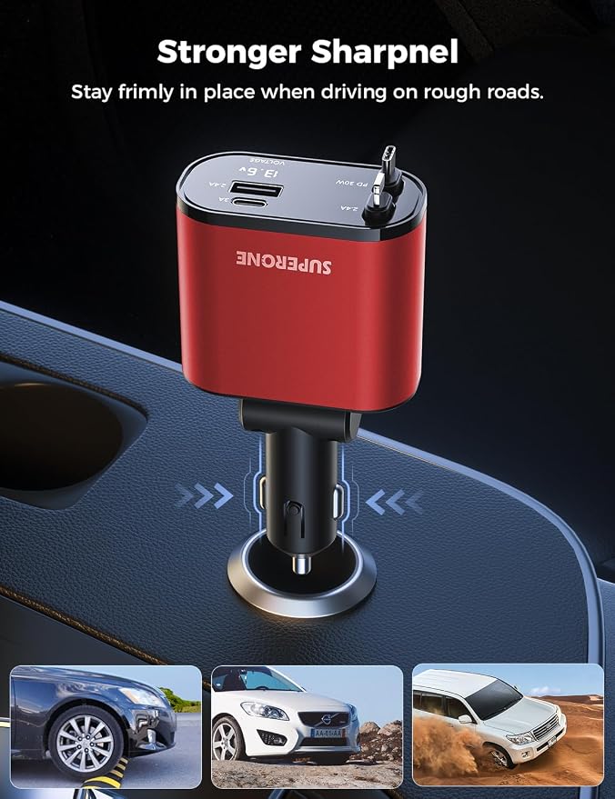 【Upgraded】 Retractable Car Charger 4 in 1, Fast Car Phone Charger with Cord 2.6ft, USB C and Apple Car Charger Adapter, Compatible with iPhone 17/16/15/15 Pro Max/14/13/12/11, Galaxy, Pixel