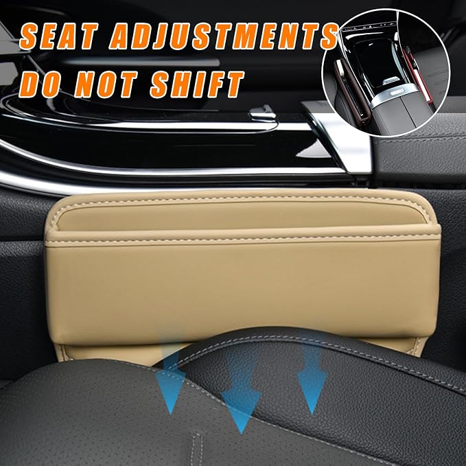 Car Seat Gap Organizer, Premium Leather Auto Seat Storage Box, Vehicle Adjustable Front Seat Gap Filler, Car Seat Side Pocket Organizer for Phones, Glasses, Keys, Money, Cards (Beige)