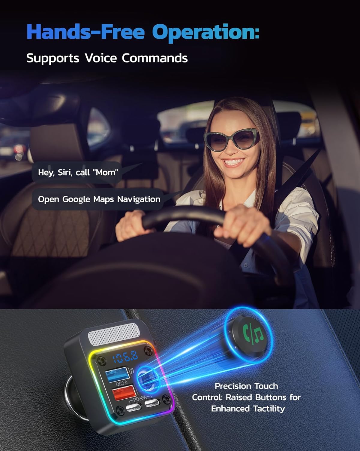 Bluetooth FM Transmitter — 54W Fast-Charge Car Audio Adapter