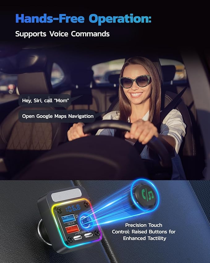 54W Bluetooth 5.3 Car Adapter Charger 4-Port Fast Charging [PD36W & QC3.0 18W], Wireless Radio FM Transmitter with Deep Bass Player, 5 Colors LED Backlit, Hands-Free Calling, Support USB Drive
