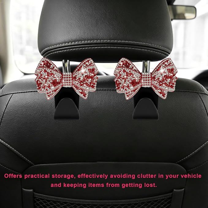 2PCS Bling Bow Car Seat Headrest Hooks, S-Type Crystal Auto Rear Seat Organizer for Handbags Purses Groceries, Cute Rhinestone Bow Seats Back Storage Hook for SUV Truck Sedan (Red)