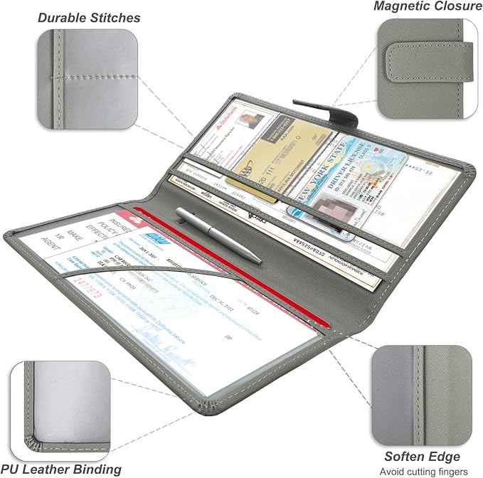 Car Registration & Insurance Holder - Leather Glove Box Organizer, Cool Accessories for ID, Driver's License Cards & Essential Documents, Men & Women, Gray