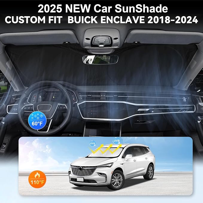Custom fit Enclave Windshield Sunshade for 2018-2024 2025 Buick Enclave Accessories 2-Layer Front Window Shades Cover for Windshield Sun Visor Screen Protector 210T Reflective Blocks UV Rays