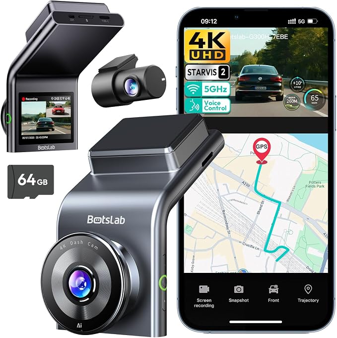 G300 Plus 4K Dual Dash Cam Front and Rear [2026 Upgraded], STARVIS 2 Sensor, 64GB Card Included, Voice Control, 5GHz WiFi Dashcam Front and Rear Camera, GPS,WDR Night Vision,24H Parking Mode