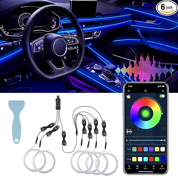 Smart LED Car Lights Interior with USB Port, LED Strip Fiber Optic Ambient Lighting Car, Wireless App Control, Sync to Music, Car Decorations Interior Accessories Gifts for Women Men, 6 in 1