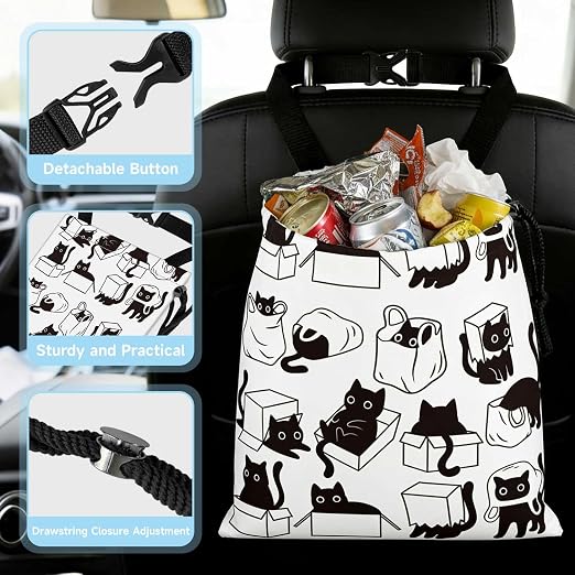 Playful Black Cat Car Trash Bag - Waterproof Car Trash Bag Hanging Leakproof Car Garbage Bag - Washable Reusable Trash Bag For Car Interior Hanging Organizer Storage Vehicle Travelling Camping