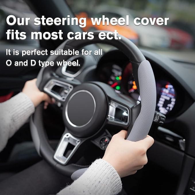 Nappa Leather Steering Wheel Cover - Universal 99% Segmented Steering Wheel Protector (Grey), 2PCs