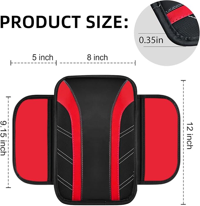 6 Pcs Red Car Accessories Set, Sport Leather Steering Wheel Cover 14.5-15inch Universal, Microfiber Leather Car Center Console Cover, Seat Belt Cushion, Cup Holder Coaster (Black-Red)