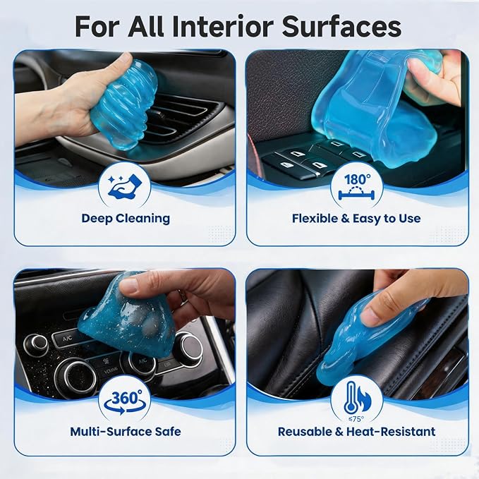 Car Cleaning Gel – Reusable Interior Car Cleaner Putty, Natural Auto Detailing Slime for Vents & Crevices, Universal Car Accessories Gift for Men & Women, Blue, 4 Pack