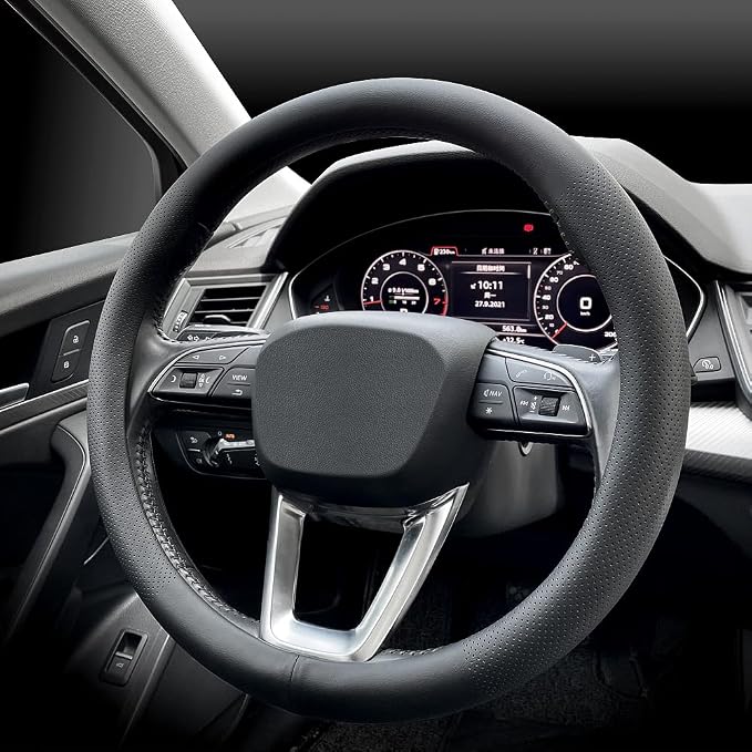 Nappa Premium Leather car Steering Wheel Cover, Non-Slip, Breathable, Universal 15 inches, Black.