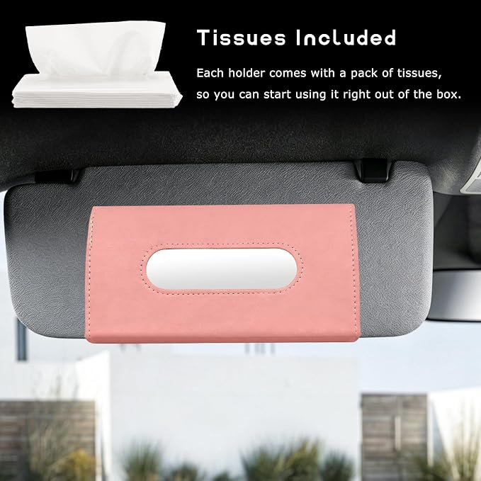 Car Tissue Holder, Auto Sun Visor Napkin Holder Hanging Paper Towel Dispenser with Tissue Refill, Premium Leather Napkin Case Mask Organizer for Backseat & Visor, Car Accessories (Pink)