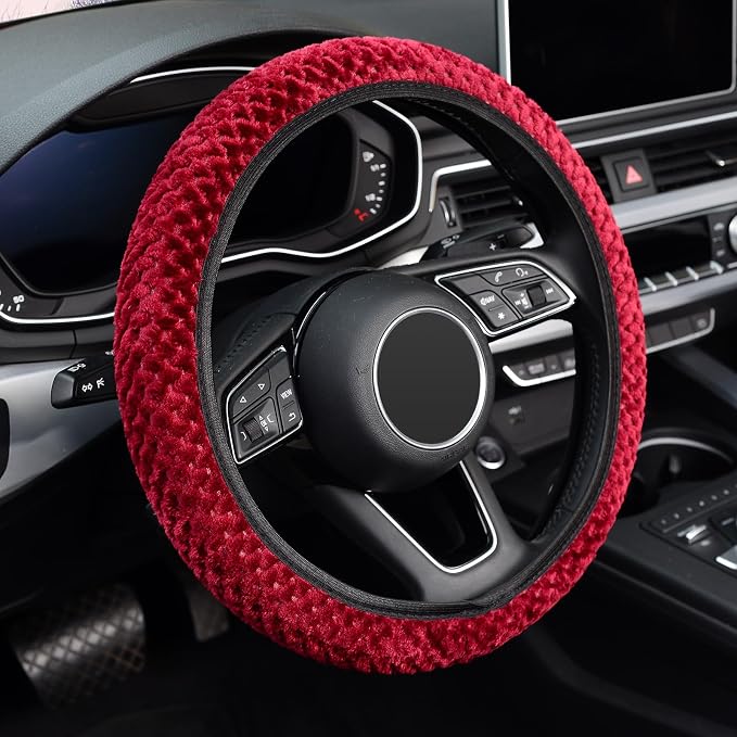 Elastic Short Microfiber Plush Steering Wheel Cover for Winter Warm, Universal 15 inch, Anti-Slip, Odorless, Wine Red