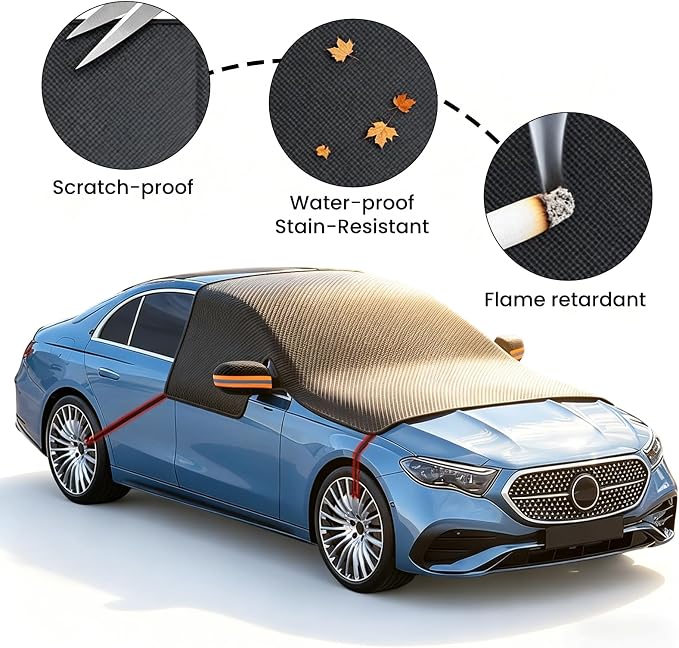 All Weather Windshield Cover with Magnetic Edges, 4-Layer Thick Waterproof Sunshade Snow Cover for Most Vehicles