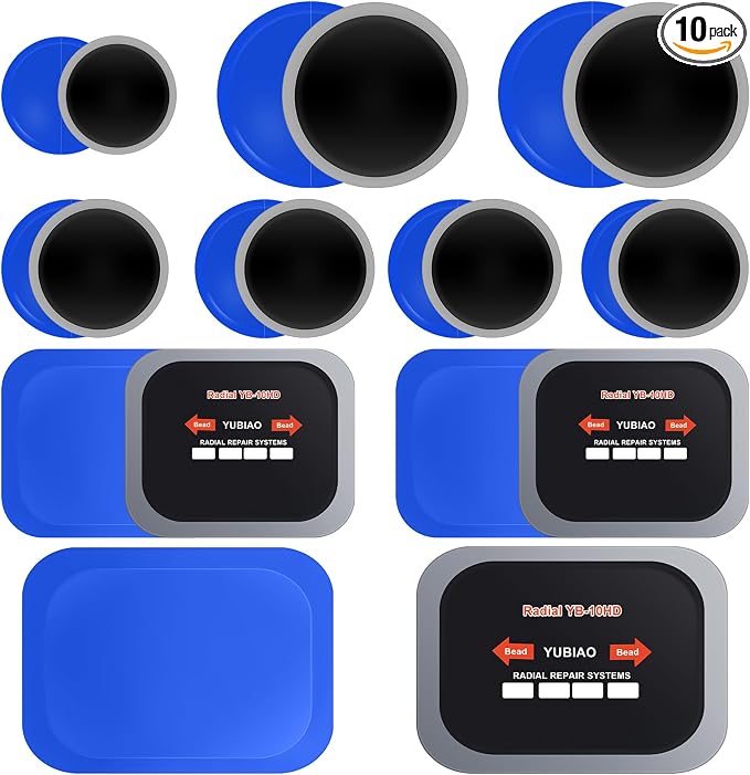 10 Pcs Tire Patches 5 Sizes Rubber Radial Tire Patch Plug Kit Heavy Duty Emergency Tool for Puncture Car Truck Bus Tractor Vehicle Motorcycle 32, 42, 58, 65x80, 85x120 mm