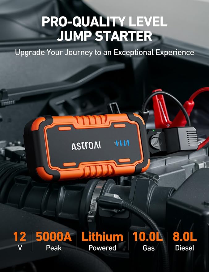 P10 Car Battery Jump Starter, 5000A Portable Jump Starter Battery Pack for Up to 10L Gas & 8L Diesel Engines, 12V Lithium Jump Box, Auto Booster Pack with 3-Mode LED Lights & Jumper Cable