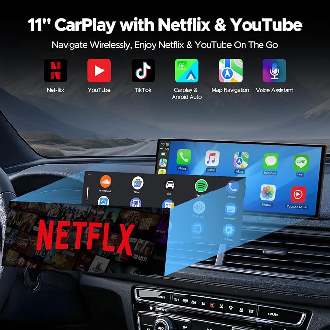 11'' Wireless Carplay Screen for Car Built-in Net-Flix YouTube Apps, Portable Touchscreen Car Stereo with Android Auto, Backup Camera, OTA Updates, Bluetooth, Voice Control, GPS Navigation,FM
